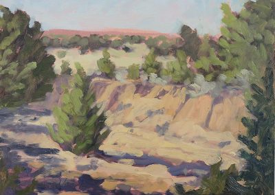 finding peace away in the arroyo, original plein air New Mexico landscape painting by Santa Fe artist Dawn Chandler