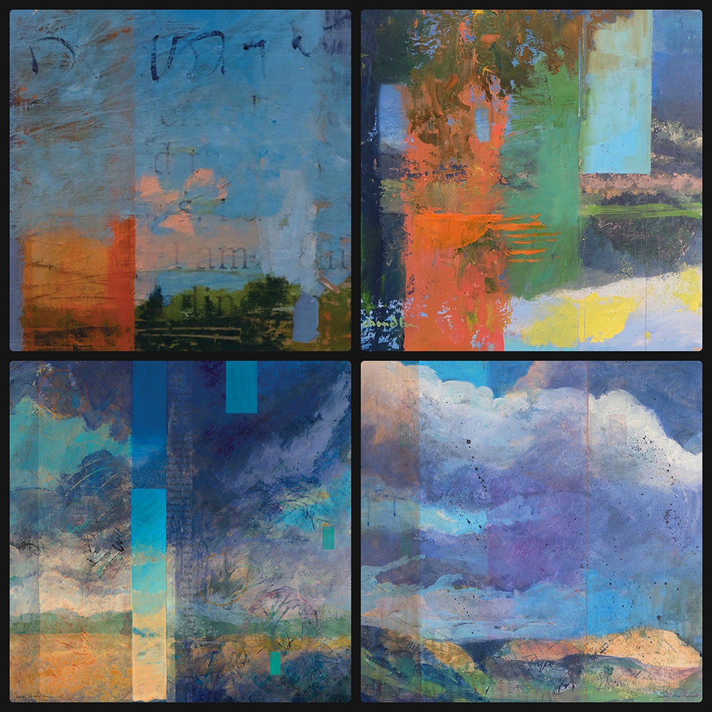 A digital collage of mixed media abstract landscape paintings by artist Dawn Chandler.