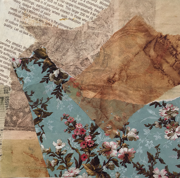 Early collage by Dawn Chandler made with found papers including wallpaper and a teabag.