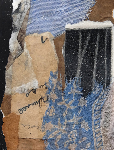 Early collage by artist Dawn Chandler made with brown paper, fabric, 19th-century envelope, etching.
