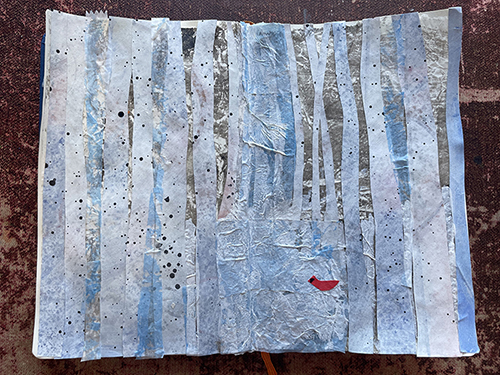Sketchbook musing: Collage evoking birch trees in snow and a red cardinal, by artist Dawn Chandler