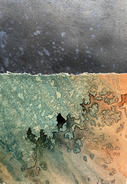 rising up on the edge of a precipice under a night sky of stars and snow and northern lights - Detail of a torn-paper "winter landscape" collage by artist Dawn Chandler