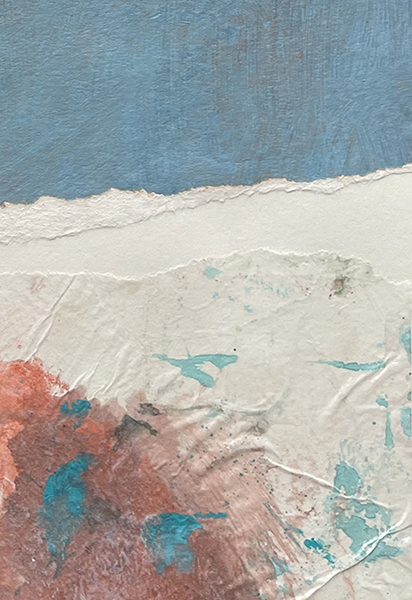 winter creatures in shades of blue moving across snow - Detail of a torn-paper "winter landscape" collage by artist Dawn Chandler