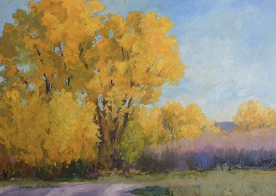 autumn cottonwoods along the ranch road, wyoming - landscape painting in oil by artist dawn chandler