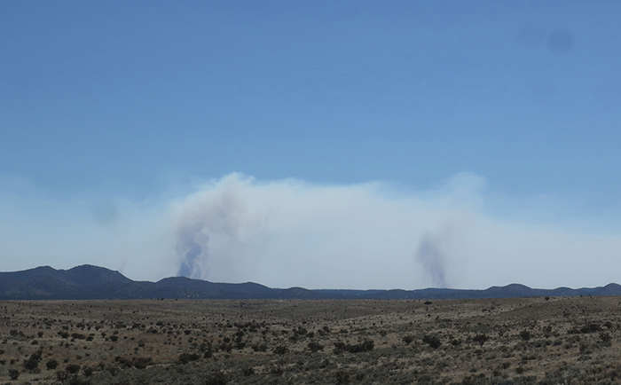 Two smoke plumes of the Hermits Fire as seen from Rte 14 driving into Santa Fe, May 2022. Photo by Dawn Chandler.