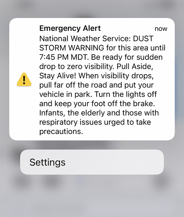 Dust Storm Emergency Alert for Santa Fe, New Mexico, 22 April 2022.