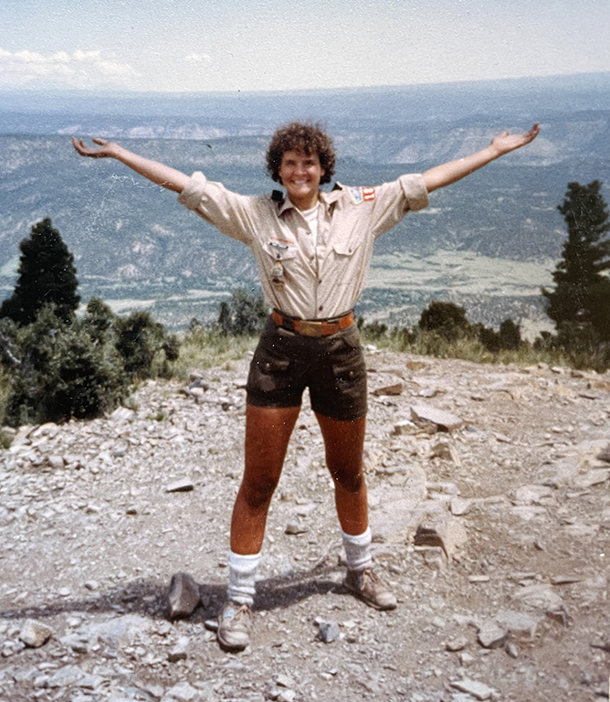 First-year Ranger Dawn Chandler atop the Tooth of Time at Philmont Scout Ranch, c. 1982