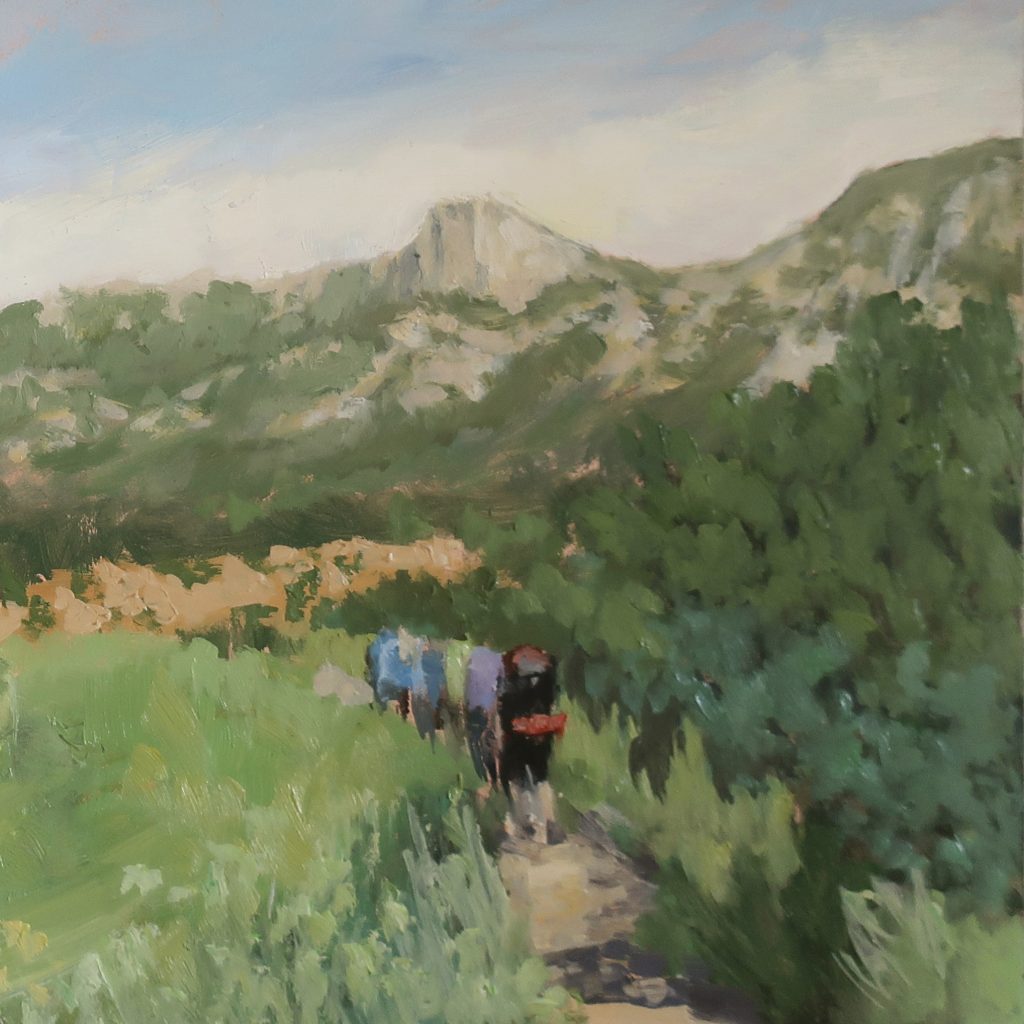 Details of the crew backpacking toward the Tooth of Time in Dawn Chandler's Philmont painting We All Made It, which is being auctioned on eBay as a fundraiser for the Rayado Women program.