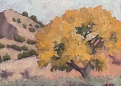 waldo canyon autumn cottonwood - original plein air new mexico landscape painting in oil by new mexico artist dawn chandler.