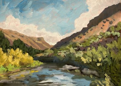 rio grande afternoon - original plein air new mexico landscape painting in oil by new mexico artist dawn chandler.