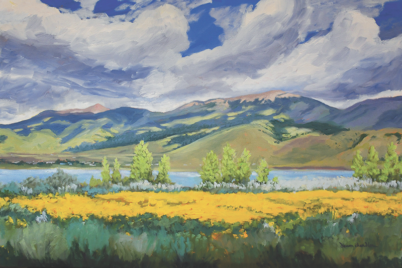 Original New Mexico landscape painting Eagle Nest Gold by Santa Fe artist Dawn Chandler.