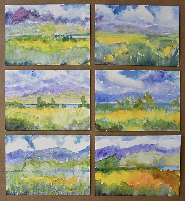 Dawn Chandler's watercolor studies on Multimedia Artboard of her New Mexico landscape painting, Eagle Nest Gold.