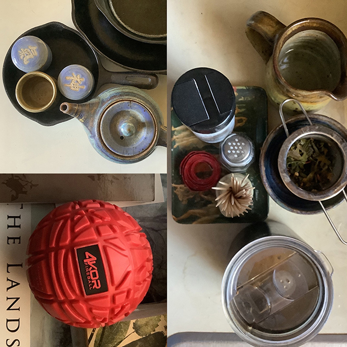 Noticing the circles of tea accoutrements and a massage ball, in Dawn Chandler's Santa Fe home. Photo by Dawn Chandler.