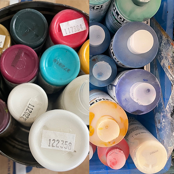 Noticing the circles of paint containers in Dawn Chandler's Santa Fe studio. Photo by Dawn Chandler.