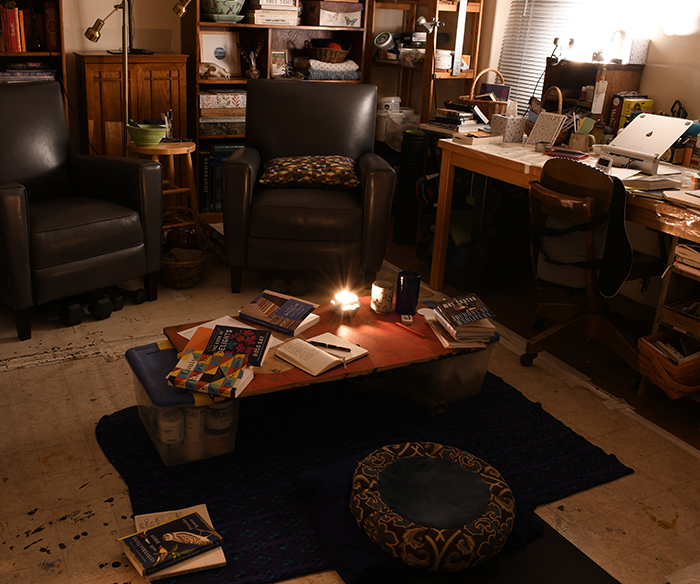 Delights: Artist Dawn Chandler’s early morning creative space for reading, writing and contemplation. Photo by Dawn Chandler.