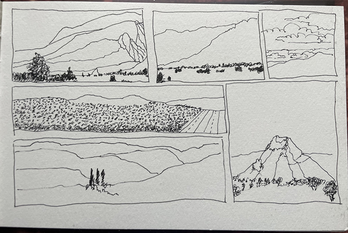 A page from artist Dawn Chandler's 2023 sketchbook filled with small drawings of a road trip from New Mexico to Oregon.
