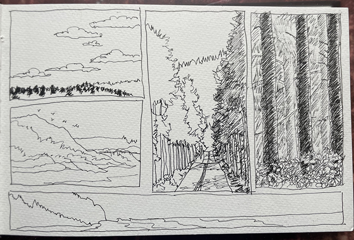 A page from artist Dawn Chandler's 2023 sketchbook filled with small drawings of the Oregon landscape.