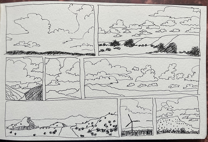 A page from artist Dawn Chandler's 2023 sketchbook filled with small drawings from a road trip across the west.