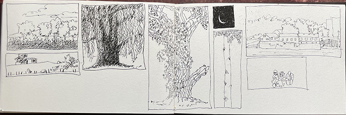 A page from artist Dawn Chandler's 2023 sketchbook filled with small, random drawings from her travels.