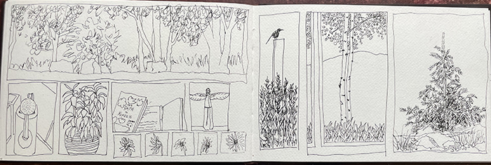 A page from artist Dawn Chandler's 2023 sketchbook filled with small, random drawings from her travels in New Mexico.