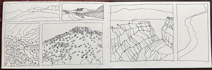 A page from artist Dawn Chandler's 2023 sketchbook filled with small, random drawings of New Mexico landscapes.