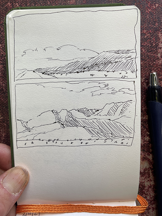 A page from artist Dawn Chandler's 2024 car sketchbook with New Mexico landscape sketches.