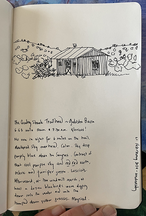 A drawing of the cowboy shack at the Galisteo Basin Preserve from artist Dawn Chandler's 2024 sketchbook.