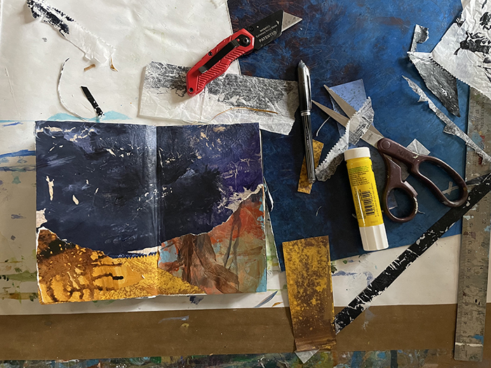 Sketchbook musings - one of Dawn Chandler's 'Storm on the Desert' collages inspired by the film Oppenheimer.