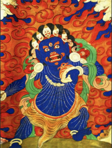 Colorful Tibetan Buddhist thangka painting depicting Mara, the personification of suffering and negativity, shown as a fierce blue demon surrounded by flames.