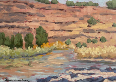 Autumn New Mexico landscape by Dawn Chandler on the Rio Chama with golden cottonwoods, green shrubs, and blue‑violet river water flowing below layered red and ochre canyon walls, painted in loose, textured brushstrokes.