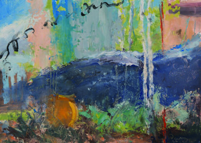 A Hot Mess of Good on Taos Mesa semi-abstract New Mexico landscape painting in oil by Santa Fe artist Dawn Chandler, featuring bold blue mesa forms, energetic gestural marks, and vivid greens, corals, and golds suggesting wild grasses, pottery, and sunlit sky.