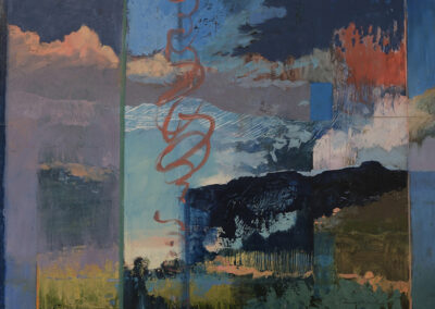 Mesa Reflections & Revelations semi-abstract New Mexico landscape painting in oil by Santa Fe artist Dawn Chandler, featuring layered mesa silhouettes, swirling sky forms, and luminous desert color blocks evoking clouds, storms, and distant horizons.