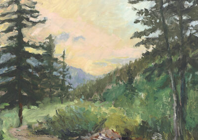 'South Country Dawn' original New Mexico landscape painting in oil by Santa Fe artist Dawn Chandler, featuring Philmont’s Fish Camp nestled in a lush green mountain valley bordered by tall evergreens under a softly glowing sunrise sky.