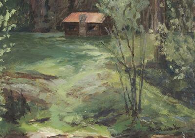 'Take Me Back' original New Mexico landscape painting in oil by Santa Fe artist Dawn Chandler, featuring Philmont’s Porcupine staff cabin viewed from a creekside foreground, with hints of water and stones leading up to a sunlit clearing and tree‑lined forest beyond.