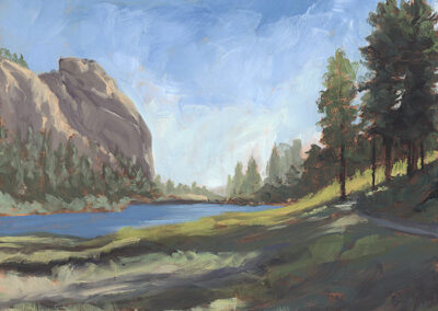 'Day's End at the Cathedral' original New Mexico landscape painting in oil by Santa Fe artist Dawn Chandler, featuring Philmont’s Cathedral Rock and Cathedral Rock Reservoir in late-day light, with a blue lake cradled beneath sheer stone cliffs, sunlit meadow, and shadowed trail receding into the trees.