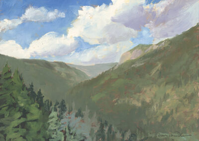 'The Call of Rayado' original New Mexico landscape painting in oil by Santa Fe artist Dawn Chandler, evoking both the Rayado Trek experience and Philmont’s Rayado Canyon in midday light, with layered green ridges descending into a deep valley beneath towering rock walls and wide, cloud‑dappled blue sky.