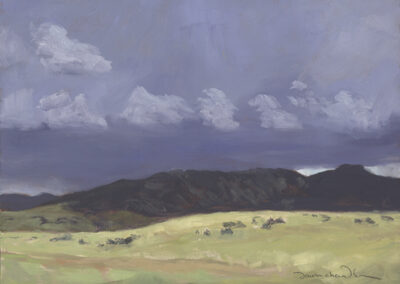 'Storm Line Over Tooth Ridge' original New Mexico landscape painting in oil by Santa Fe artist Dawn Chandler, featuring Philmont’s Tooth Ridge dark against sunlit golden plains as a dramatic line of storm clouds builds across the sky, capturing the tension between bright open country and approaching weather.