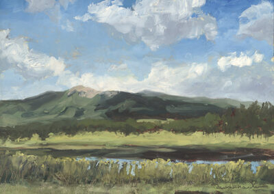 ‘High Country Summer’ New Mexico landscape painting by Dawn Chandler featuring Philmont’s Baldy Mountain seen from Wilson Mesa, with sunlit meadow, reflective pond, dark forested slopes and towering cumulus clouds in a bright blue sky.