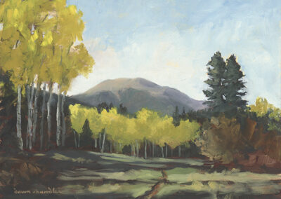 ‘Up Among the Aspens’ New Mexico landscape painting by Santa Fe artist Dawn Chandler featuring Philmont’s Baldy Mountain from the edge of Miranda Meadow, with glowing golden aspen trees, dark evergreens, sunlit path and distant blue slopes under a clear morning sky.