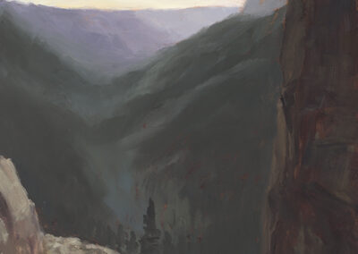 ‘Gateway to Rayado’ New Mexico landscape painting by Santa Fe artist Dawn Chandler showing hikers standing at the Notch above Rayado Canyon late in the day, with rugged cliffs, descending trail and warm evening light inviting entry into the canyon.