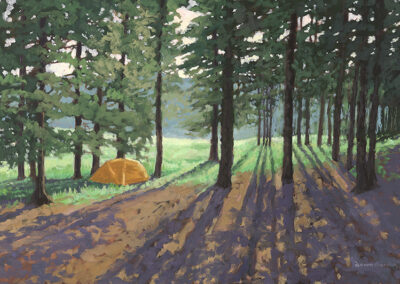 A Fine Morning Beaubien’ original New Mexico landscape painting in oil by Santa Fe artist Dawn Chandler, depicting a golden-yellow tent among tall pine trees, with long blue shadows crossing a sunlit forest floor at Philmont.
