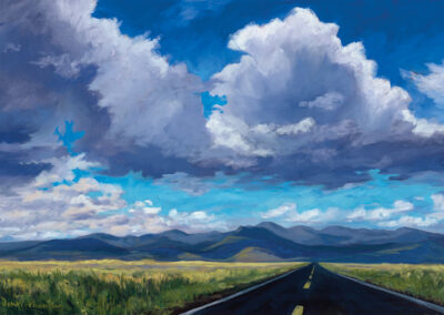 ‘Almost Home’ original New Mexico landscape painting in oil by Santa Fe artist Dawn Chandler, depicting the road from Springer to Cimarron, leading through open grassland toward distant Philmont mountains beneath towering white and violet thunderclouds.