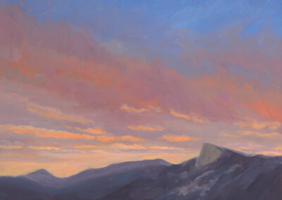 ‘August Sunset – Tooth of Time’ original New Mexico landscape painting in oil by Santa Fe artist Dawn Chandler, depicting Philmont’s Tooth of Time beneath a luminous blue, rose, and gold sunset sky, with shadowed mountains and a wildflower meadow in the foreground.