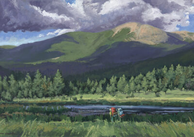 ‘Heading Home to the High Country’ original New Mexico landscape painting in oil by Santa Fe artist Dawn Chandler, depicting a hiker with a backpack beside a mountain lake, surrounded by meadow grasses, dark pine forest, and sunlit green high-country slopes beneath dramatic clouds at Philmont.