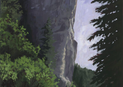 ‘Lovers Leap Return’ original New Mexico landscape painting in oil by Santa Fe artist Dawn Chandler, depicting a lone hiker on a shadowed trail below Philmont’s towering Lovers Leap, framed by evergreen trees and a bright cloud-filled sky.