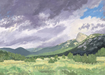 ‘Old Friend – Tooth of Time’ original New Mexico landscape painting in oil by Santa Fe artist Dawn Chandler, depicting Philmont’s Tooth of Time and pale rocky ridges above a bright green meadow, evergreen trees, and a cloud-filled blue sky.