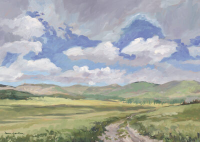 ‘Before the Day Took Hold’ original Oregon landscape painting in oil by Santa Fe artist Dawn Chandler, depicting early morning light across golden grasses and sagebrush below rugged canyon cliffs and rolling green hills near Lake Owyhee in eastern Oregon.