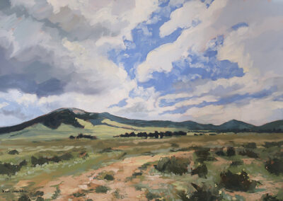 ‘Wanting to Be Up There’ original New Mexico landscape painting in oil by Santa Fe artist Dawn Chandler, depicting Philmont’s Baldy Mountain rising beyond the open Moreno Valley beneath luminous late-August clouds.