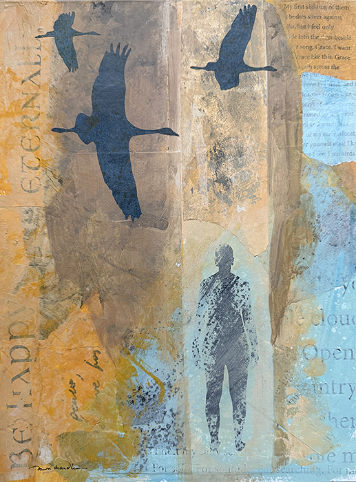 Mixed-media painting by Dawn Chandler in soft turquoise and ocher, featuring silhouettes of sandhill cranes, a female figure, and text ghosted in the background.
